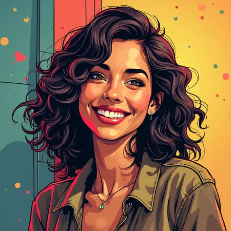 DISCREET image. with discreet casual clothes. image adult woman, american, comic book style. SHE IS HAPPY AND GRATEFUL, with a discreet smile. IMAGES WITH VIBRANT COLORS. Shoulders and head.