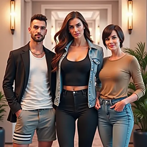 Real life. High definition. Photo shoot. The photo shows three people (a man and two women) standing side by side in the party of the large penthouse. The man is a flamboyan. He is standing on the left. He has short brown hair, thin goatee, and short build...