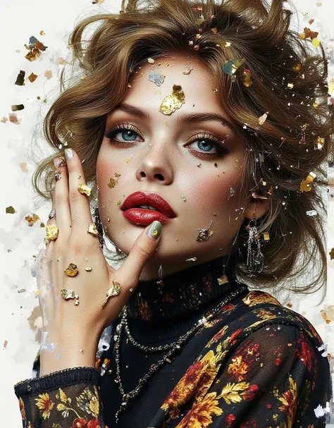 unrealistically beautiful girl scatters into pixels, disintegration, grunge decorations, beautiful complex makeup, parted lips, charismatic look, fashionable pose, fine ink drawing, coal black, wine, gold, khaki, ocher, drawing of details, hyperphotorealis...