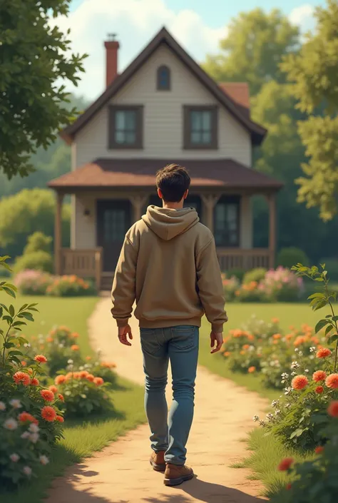 A handsome young man walking to a house with a hoodie