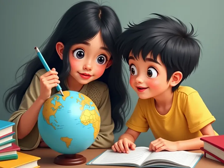 Two ren, a girl with black hair wearing ARABIC DRESS top and a boy with dark hair in a yellow shirt, are engaged in studying a globe. The girl is pointing at a location with a blue pencil, while the boy looks on attentively. They are surrounded by colorful...