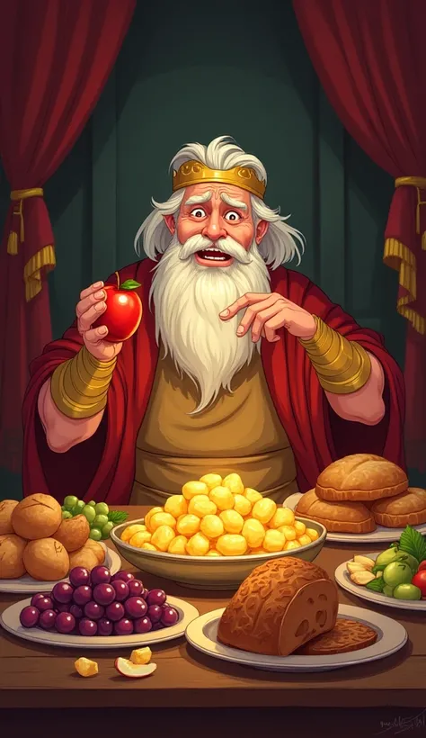 generate an cartoon image of A large royal dining table filled with delicious food—grapes, bread, roasted meat, and fruits. the old King Midas white hair, sitting at the table, excitedly touches an apple, which instantly turns into solid gold. He lifts it ...