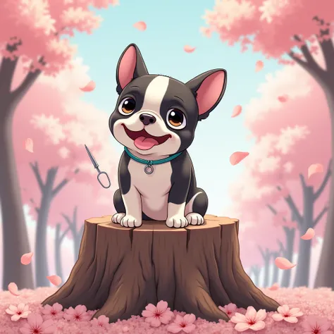  cute anime、(Dog breed ) French bulldog(Black and White)、(Scalpel)、smile、 sitting on a stump、Scenery of cherry blossom petals dancing 、