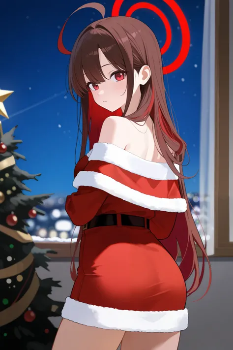 1 girl, Hair length reaches the back, Brown hair and red hair on the edges of the hair, red eyes, but not bright, wear a santa outfit, หน้าอกไซส์ปานกลาง, have a red halo