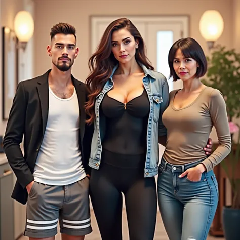 Real life. High definition. Photo shoot. The photo shows three people (a man and two women) standing side by side in the party of the large penthouse. The man is a flamboyan. He is standing on the left. He has short brown hair, thin goatee, and short build...