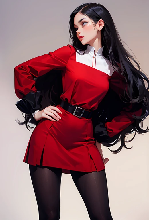 sexy woman, teacher in sexy red school dress, black tights, sexy model pose, full-length, sexy model pose, full-length