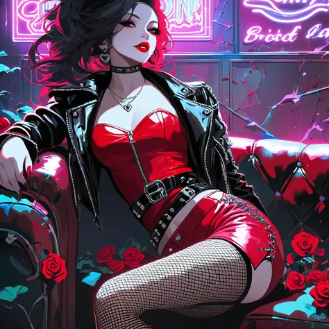 A gothic-rock style digital painting of a seductive woman with deep crimson lips, wearing a studded black leather jacket, hot pants, and torn fishnet stockings. She lounges on a leather couch in a dimly lit rock bar, sipping a red cocktail while holding a ...