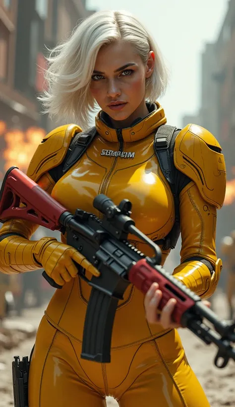 Photo of Scarlett Johansson Free Fire female character with name SERAPHIM on his clothes, red m4 in her hand, big boobs, chubby body, YELLOW nanotech suit , WHITE short hair, people shooting with guns in background