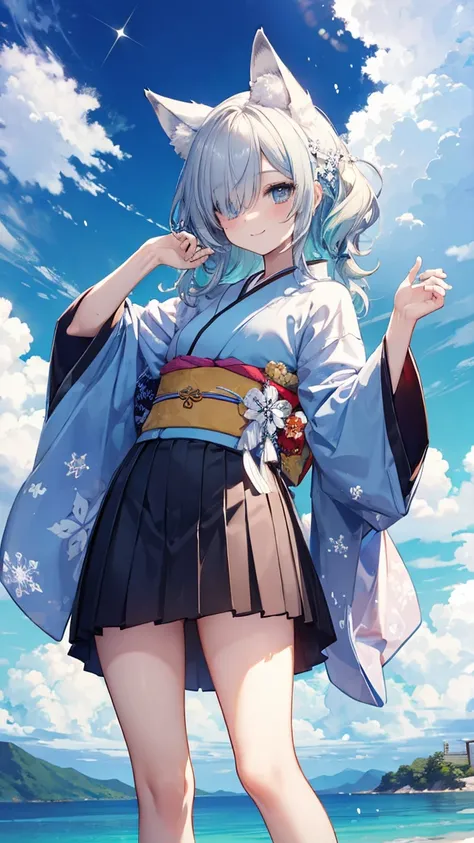  Gray Hair、long hair、hair over one eye、summer、sea、Ruins、 low angle、Cumulonimbus、 slender、  cute pose、smile、  Cool Personality、  boyish、July、  kimono、 Fox Ears、fox tail、 floating hair、 Snowflake、 high school girl、、masterpiece、masterpiece、 pale blue-green ey...