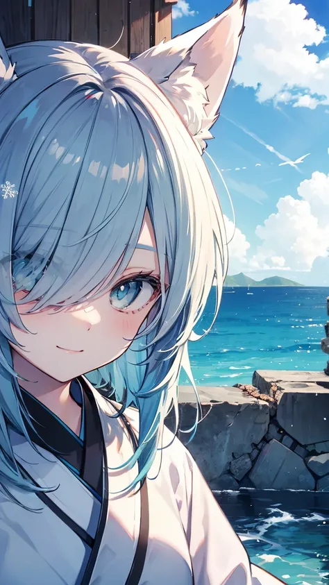  Gray Hair、long hair、hair over one eye、summer、sea、Ruins、 low angle、Cumulonimbus、 slender、  cute pose、smile、  Cool Personality、  boyish、July、  kimono、 Fox Ears、fox tail、 floating hair、 Snowflake、 high school girl、、masterpiece、masterpiece、 pale blue-green ey...