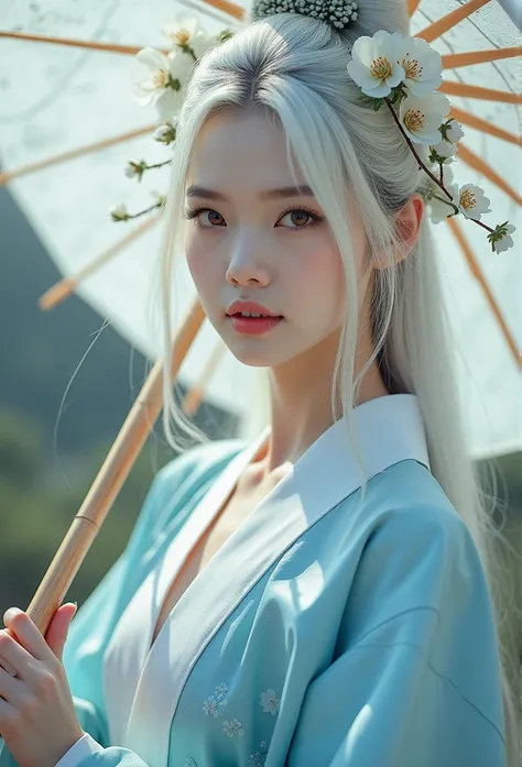 A cute Chinese model girl, solo, exteriors, Hanfu, Floral prints, hair adornments, looking at viewert, hairflower, Brown eyes, By bangs, tmasterpiece, Best quality,  realistic ，solo person，long white hair，Light blue Hanfu，ancient wind，largeeyes，long eyelas...