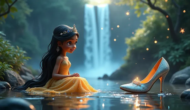 A 3D image of A cartoon Princess( A young princess with long, flowing ebony hair and deep brown eyes, wearing a shimmering golden gown. A delicate silver tiara rests on her head, and her enchanted shimmering silver silk shoe with glowing blue gemstones )is...