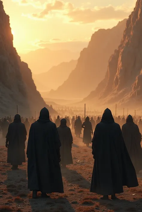 "A hyper-realistic scene set on a battlefield at dawn, where the Hashshashin’s tactical genius is on full display. In the foreground, a small group of Hashshashin operatives, dressed in their dark, hooded robes, stand poised and calm, watching the larger, ...