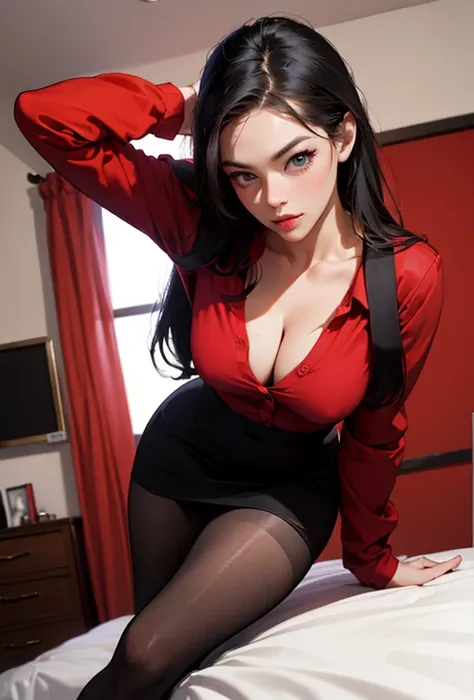 sexy woman, teacher in sexy red school dress, black tights, sexy model pose, unusual camera angle, full-length, sexy model pose