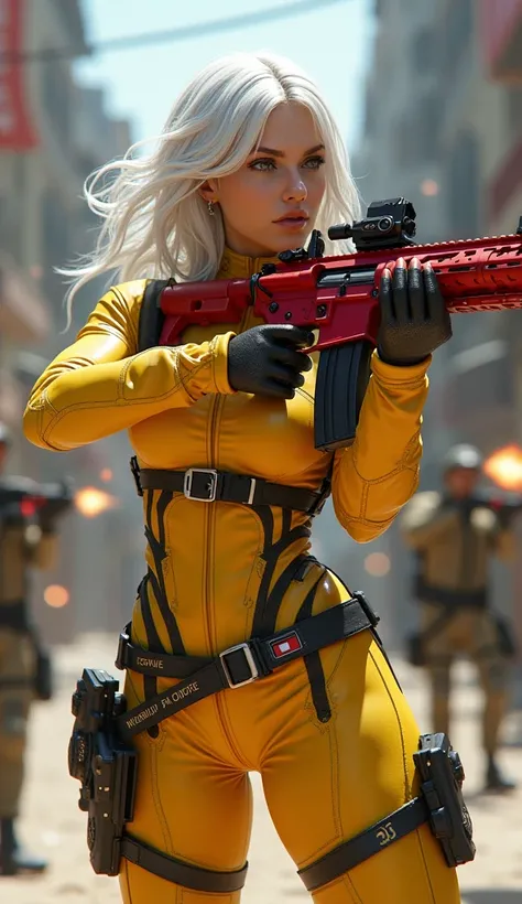 Photo of Scarlett Johansson Free Fire female character with name SERAPHIM on his clothes, red m4 in her hand, big boobs, , YELLOW nanotech suit , WHITE short hair, people shooting with guns in background