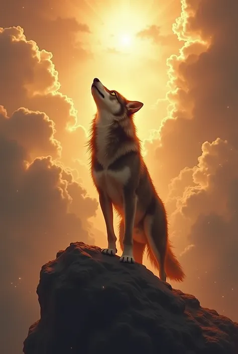 I want a photo of a brown and black wolf going to heaven