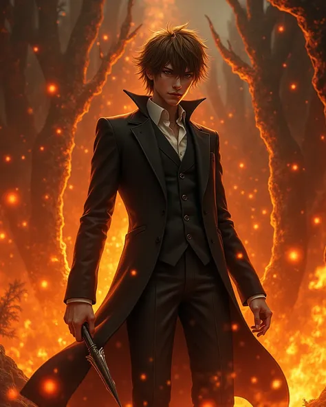 Light Yagami from hell with a death note in his hand. Arogenate face, Dragon fire, vibrant color. 