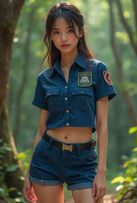 a cute woman from thailand with  sexy security guard suit .  whole body .  realistic beautiful girl.forest.her face like reference picture. legs appear.   masterpiece.pretty. 18 year old. short blue  pant.