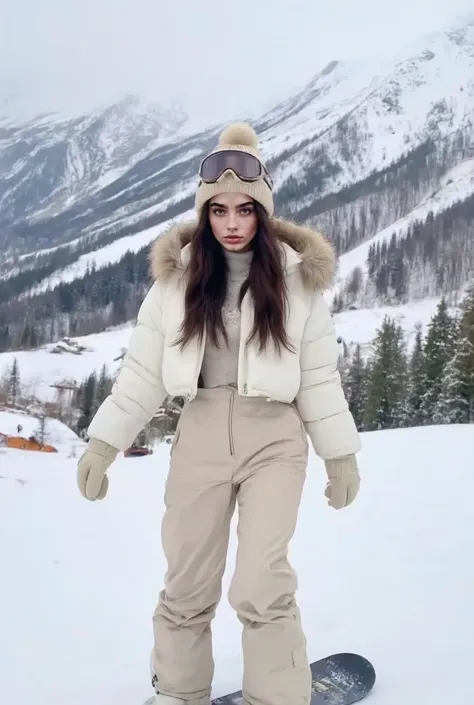 A stylish fashion influencer posing casually in a snowy mountain landscape. She has dark brown hair reaching her chest, flowing naturally from under her beige beanie. She wears a short, puffy white jacket with a feathered hood, beige pants, and white snow ...