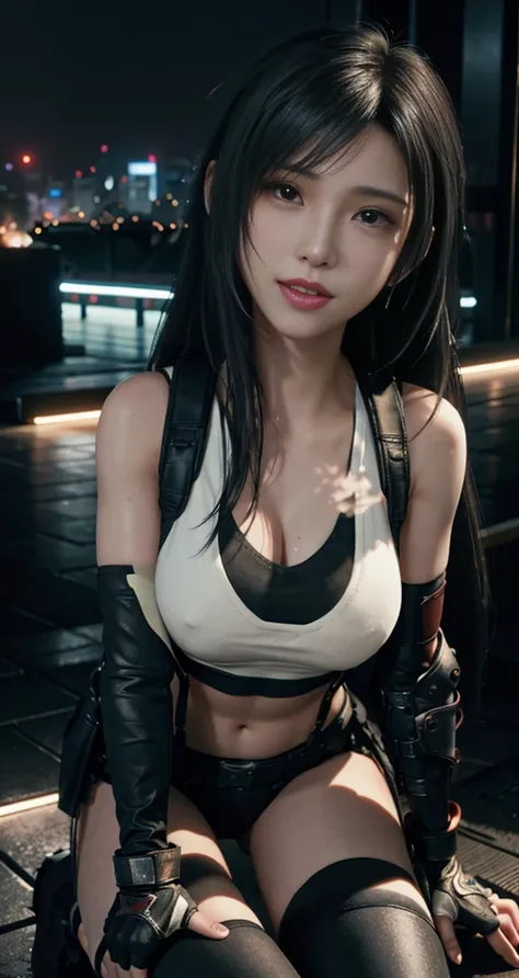 (8ｋ、 top quality、​masterpiece:1.2)、( is present、 photorealistic:1.people々 7)、 very detailed、Maiden 1、Cutest、solo, ( Tifa Lockhart)、(  big breasts ), (((change,  Looking Good )))、((( black bra )))、( Pretty Eyes)、(A cheerful smile:1.2)、(Hooded)、( Erotic Pose...