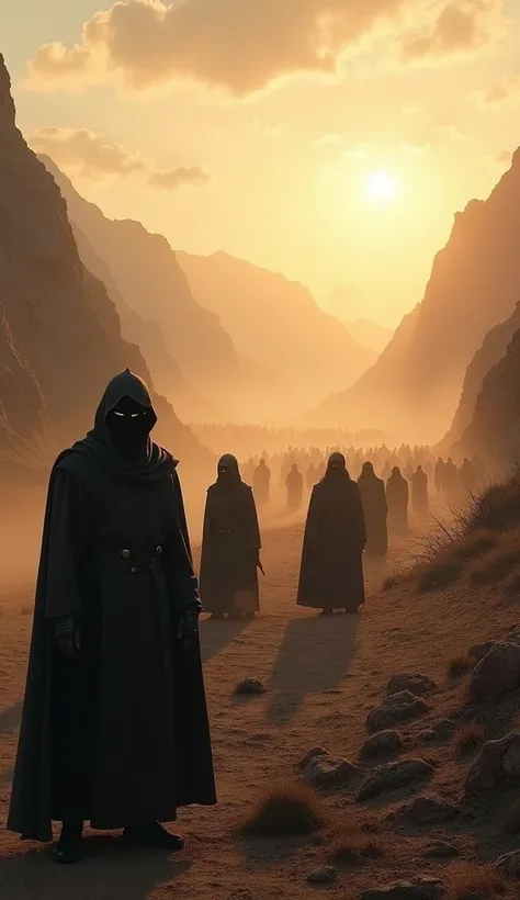 "A hyper-realistic scene set on a battlefield at dawn, where the Hashshashin’s tactical genius is on full display. In the foreground, a small group of Hashshashin operatives, dressed in their dark, hooded robes, stand poised and calm, watching the larger, ...