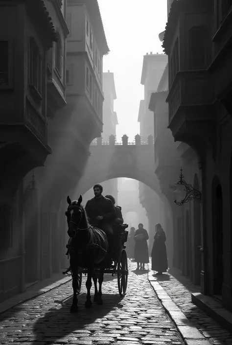  black and white　Streetscape　 Europe　middle ages　carriage　