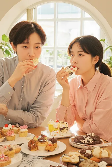 Boss and employee relaxing while eating lots of sweets in the office during work