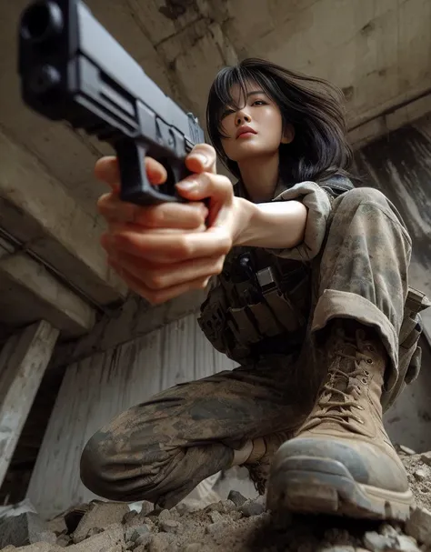 photorealistic、Realistic skin textures、A Japanese woman belonging to the military is standing、aiming with a gun、standing position、standing on rubble、Action poses with movement、Image from below、Dirty boots、Emotional Images