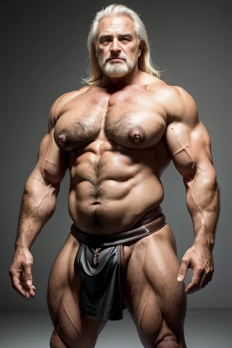  Hyperrealistic image of Tom Platz bodybuilder, abrazado a un hombre africano  old man  y musculoso,  old man ,Playing a Roman Gladiator  , with long, dirty gray hair , with a bare torso,  dressed in a leather loincloth , disheveled and sweaty , with very ...