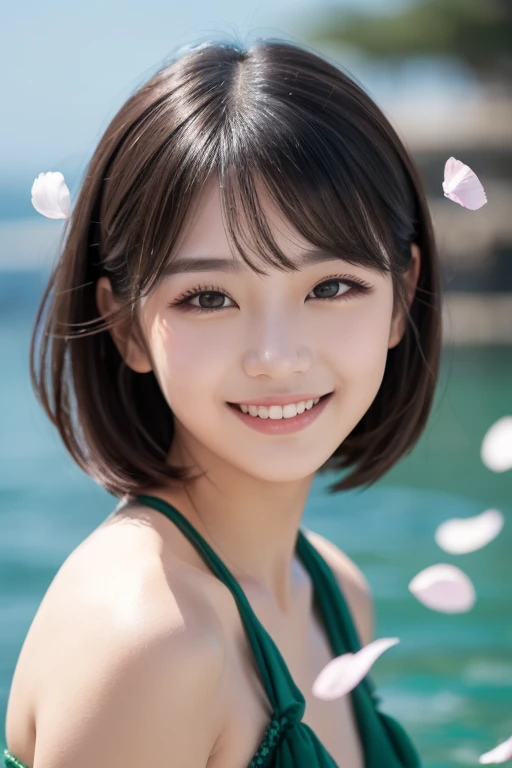 Beautiful and delicate portrait of a playful pretty girl with a short masculine hairstyle,  black hair, an emerald green sea,  mischievous smile , Dancing petals, ( top quality, Masterpiece,   ultra-realistic  )  flower petals floating in the background 