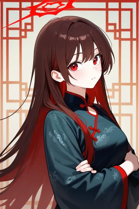 1 girl, Hair length reaches the back, Brown hair and red hair on the edges of the hair, red eyes, but not bright, wear a chinese outfit, หน้าอกไซส์ปานกลาง, have a red halo