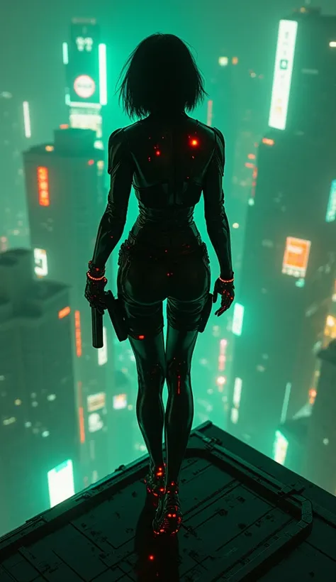 ( top quality:1.5),(masterpiece:1.5),(8k:1.5),( realistic:1.5),(ghost in the shell:1.5),(Motoko Kusanagi:1.3),(On top of a high-rise building),(Green and orange night view:1.3),(It's descending:1.3), full body image ,Black combat uniform、Late Night、 lookin...