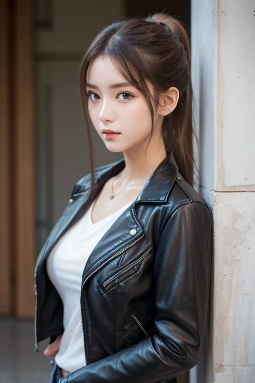   One Girl , Alone, face,   portrait ,   long hair,   ponytail,  blondes,   green eyes,   big breasted  , (  black leather jacket :1.2) ,   clevis on a stone,  School,  Empty ,    Stares at Viewers  , 