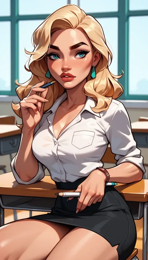 Hot blonde teacher in the classroom ,  sitting sensually on the table  , she is mexican,  wears basic white blouse and black pencil skirt, Toned thighs,