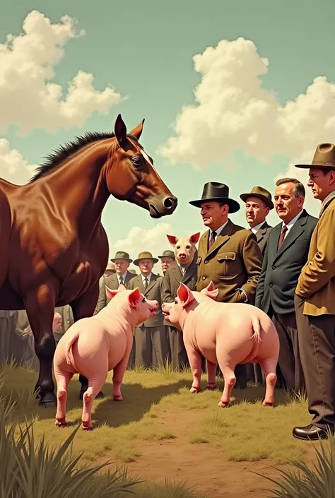 Illustration from Orwell's "Animal Farm": A quarrel between people and pigs, which is watched by the horse Clover, blinded from old age, and several other animals. They drank wine and pigs dressed as human Indoors.And people behave like pigs. They fight am...