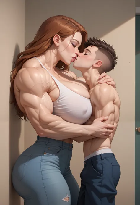  masterpiece fails, top quality ,  high detail, ,muscular,  tall girl  kiss a skinny  guy, (size difference, taller girl:1.1),  big massive breast,  (he pins the man against the wall) (she towering he pins the man against the wall)