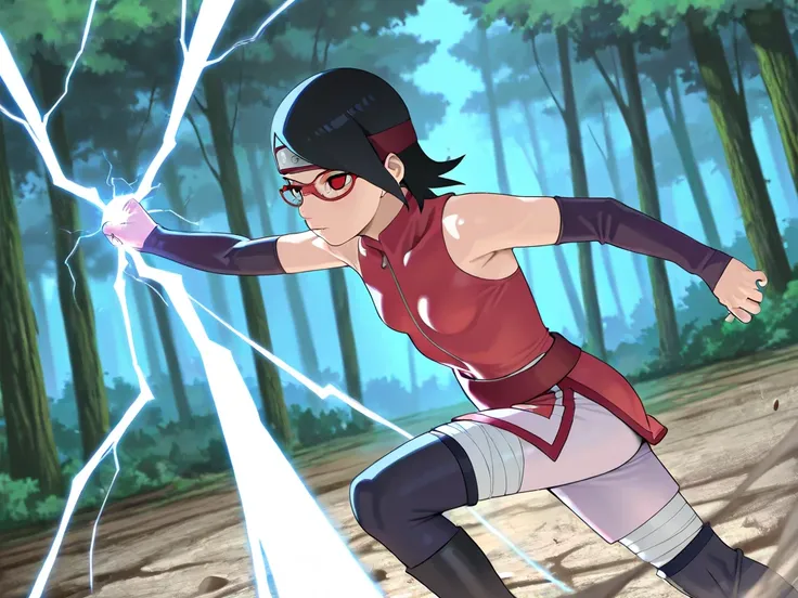  Sarada Uchiha ,  Ultra HD,  incredible details ,  best quality, 4K,  side view, Fighting, Lightning is coming out around the hand,  determined look , amazing face,  detailed eyes , sexy, sem o short, tight clothes,  small breasts,  thin waist,  dirt road ...