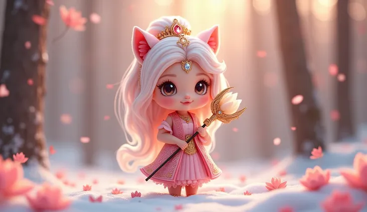 A stylized and adorable representation of Goddess hera. Depict the goddess with a -like, doll-like appearance, wearing intricate traditional attire in shades of pink color. The attire should be adorned with detailed patterns and sparkling jewels. She holds...