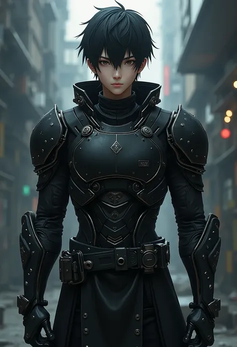 A anime boy wering black armor , hand ashoulder and chest metal attachments , wearing 