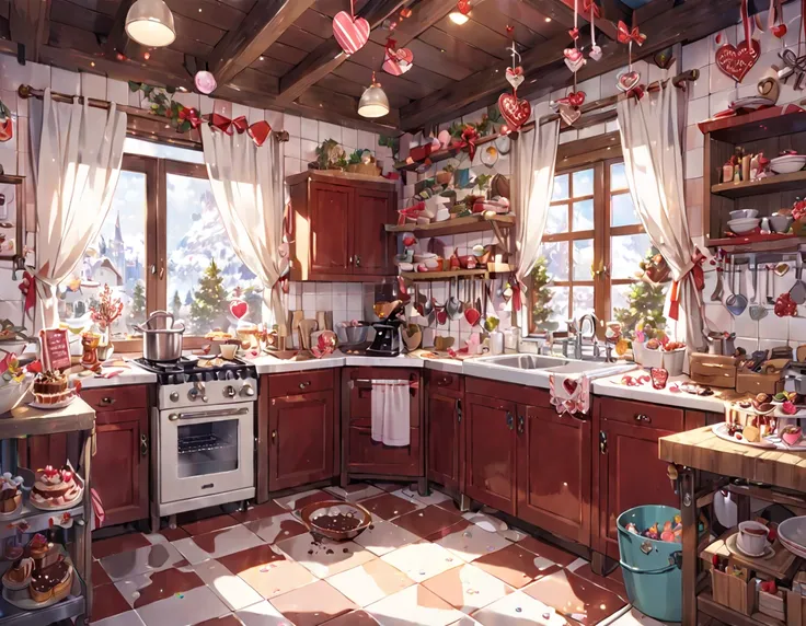 scenery, kitchen in a cake shop,Mainly white and brown and red, White walls and workbenches, Tiled walls, Chocolate colored cupboards, Pretty curtains, Oven, Bowl with whipped cream and whisk, Cooking utensils hanging, Some candies on the floor, Valentine ...