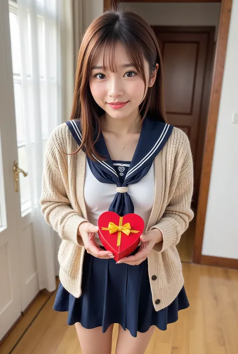 masterpiece, top quality of talks , 1 girl, Girl handing over Valentine's Day full body 、 Girl handing presents in front、 shortcuts、 high quality 、 sailor suit、 beige cardigan 、 navy blue skirt 、 look at the front 、Age 25、red box in the shape o...