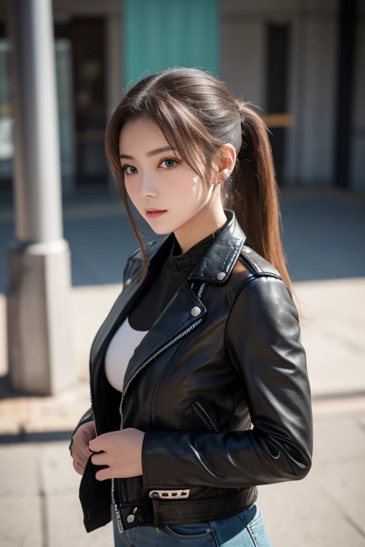   One Girl , Alone, face,   portrait ,   long hair,   ponytail,  blondes,   green eyes,   big breasted  , (  black leather jacket :1.2) ,   clevis on a stone,  School,  Empty ,    Stares at Viewers  , 