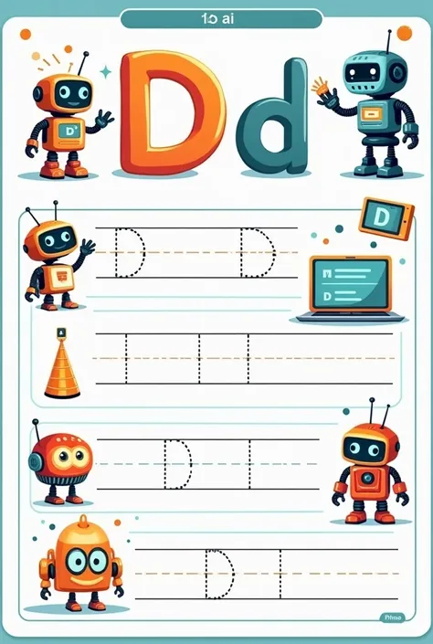 Feuille contient des activités pour que les enfants puissent apprendre la lettre d for data  ..au sujet de robotics and IA.. tous ça en langue englaise.je veux une feuille prete à imprimer


