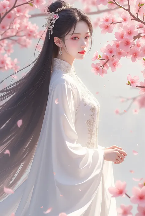  An ancient Chinese beauty in a white hanfu dress looks straight,  Black Long Hair ,  simple hair ornaments ,  pink lips ,  Round chest , Standing near a peach tree 
