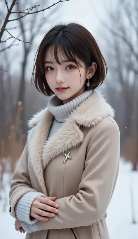 1 girl, bare_tree,  coat, cross_earrings, earrings, fur, fur trimmed_coat, fur_collar, fur_scarf, fur_trim, jewelry, lips, shorthair, looking_at_viewer, outdoors, snow, snow, solo,  Winter, winter_clothes,  arms close together, camera,  Ears out, full leng...