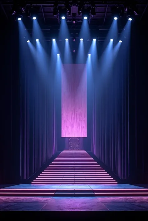 Set design for SIX the musical for a Brazilian production in a modern concert style futuristic with modern stairsaand a shiny curtain with places for the band to stay with two levels, remembering Versalles by some elements in a modern thester of nowadays a...