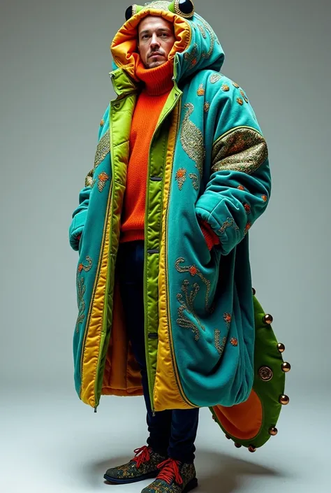 A man wears a striking haute couture coat inspired by the vibrant eccentricity of colorful frogs. The piece is a fusion of exotic nature and sculptural fashion sophistication, resulting in a bold and almost surreal look.  

The coat features an oversized, ...