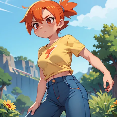 young girl Misty orange hair high-waisted mom jeans shirtless breaking Ash Ketchum's neck death body