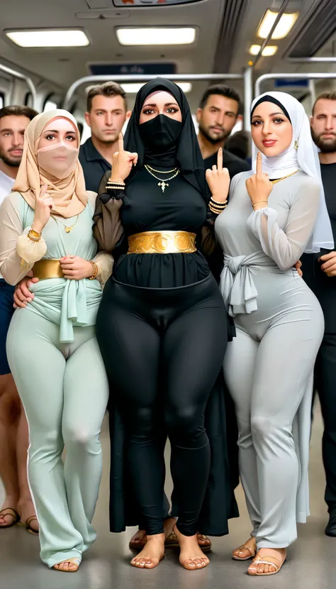 Pele Oleada,
Gargantilha, face veil, hijab shiny black, head scarf,shy looking , gold jewellery around her waist, showing middle finger to the viewers,
woman in see through full sleeves black top, black tight yoga pants, public hair, extremely hairy pubes,...