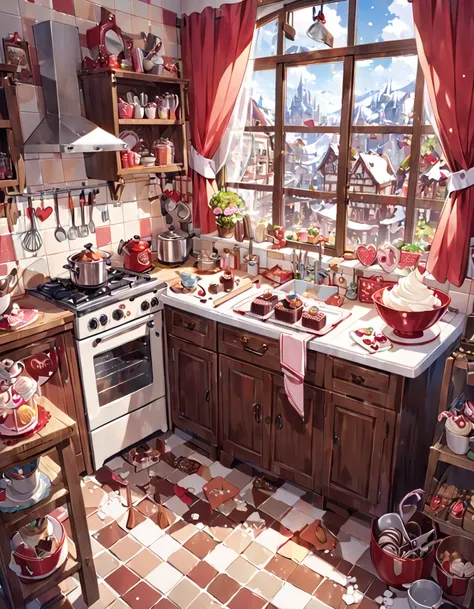 scenery, kitchen in a cake shop,Mainly white and brown and red, White walls and workbenches, Tiled walls, Chocolate colored cupboards, Pretty curtains, Oven, Bowl with whipped cream and whisk, Cooking utensils hanging, Some candies on the floor, Valentine ...